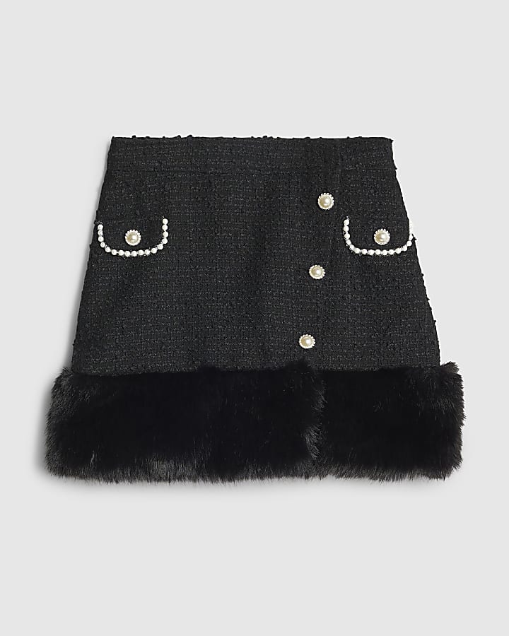 Black Boucle Faux Fur Trim Mini Skirt