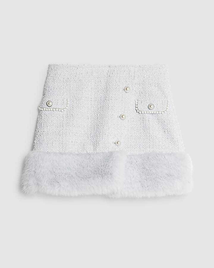 Blue Boucle Faux Fur Trim Mini Skirt