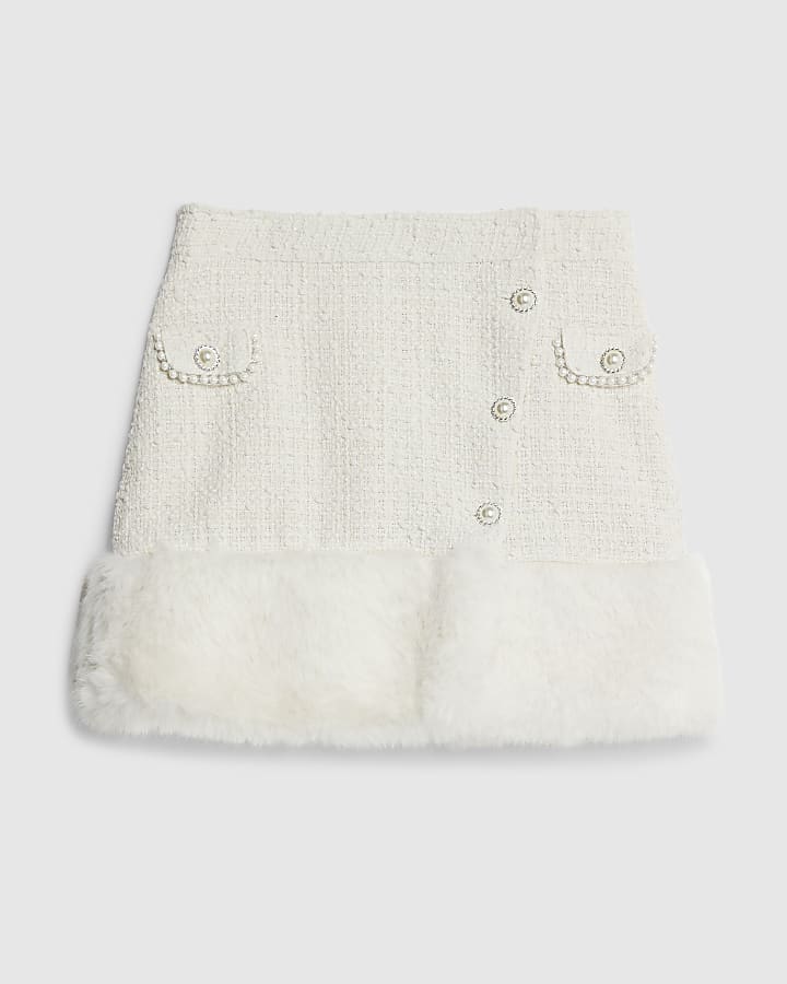 Cream Boucle Faux Fur Trim Skirt