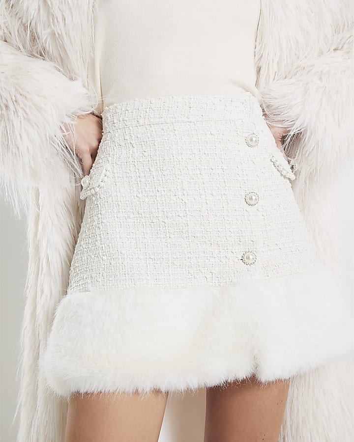 Cream Boucle Faux Fur Trim Skirt