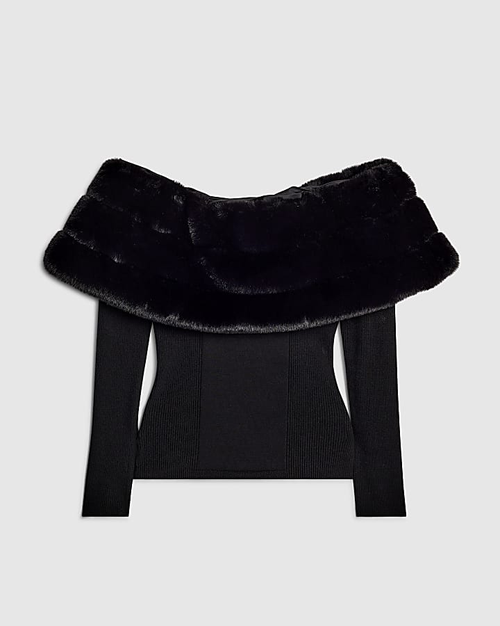 Black Faux Fur Trim Bardot Jumper
