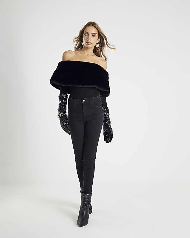 Black Faux Fur Trim Bardot Jumper