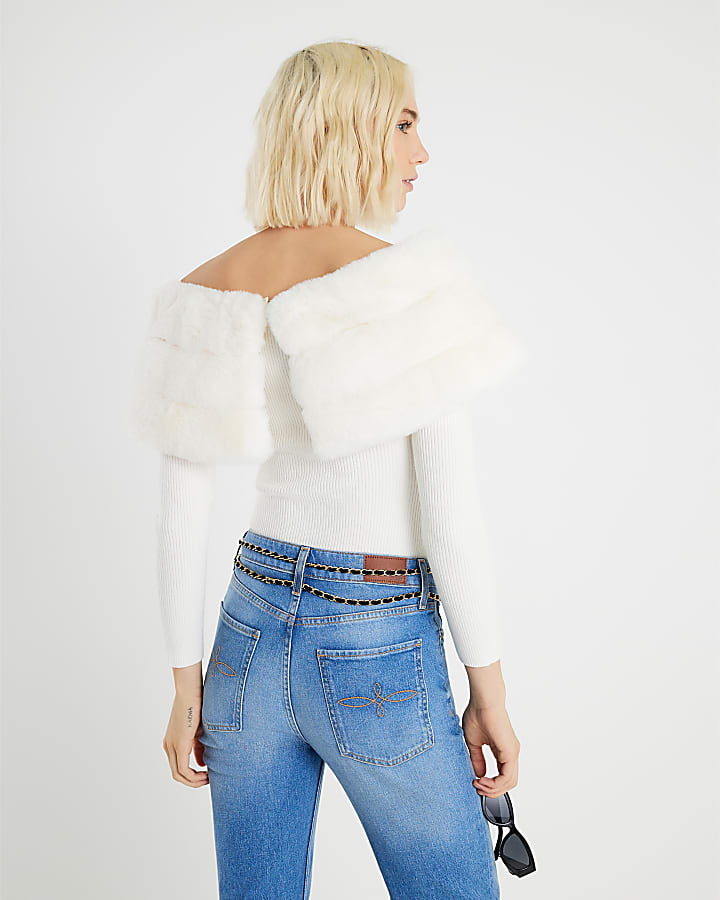 Cream Faux Fur Trim Bardot Jumper