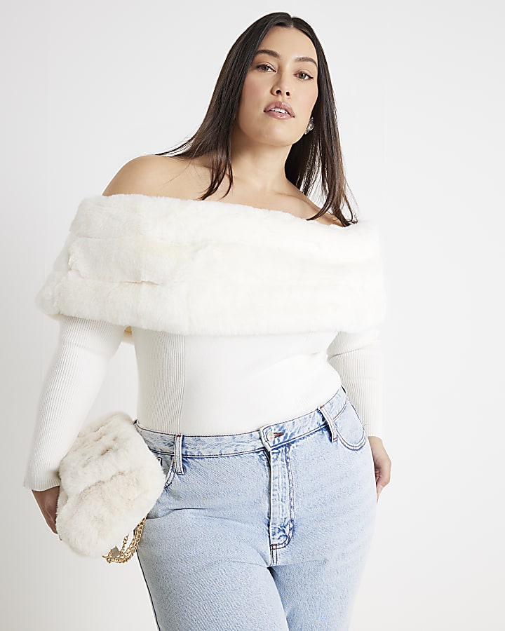 Cream Faux Fur Trim Bardot Jumper