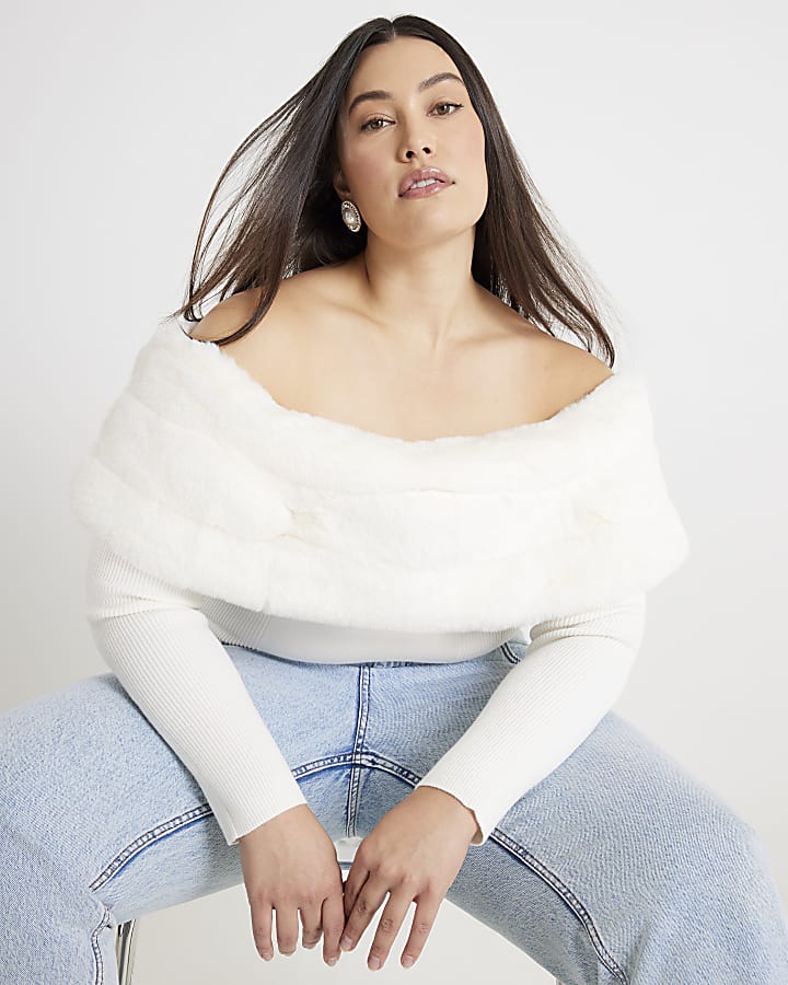 Cream Faux Fur Trim Bardot Jumper