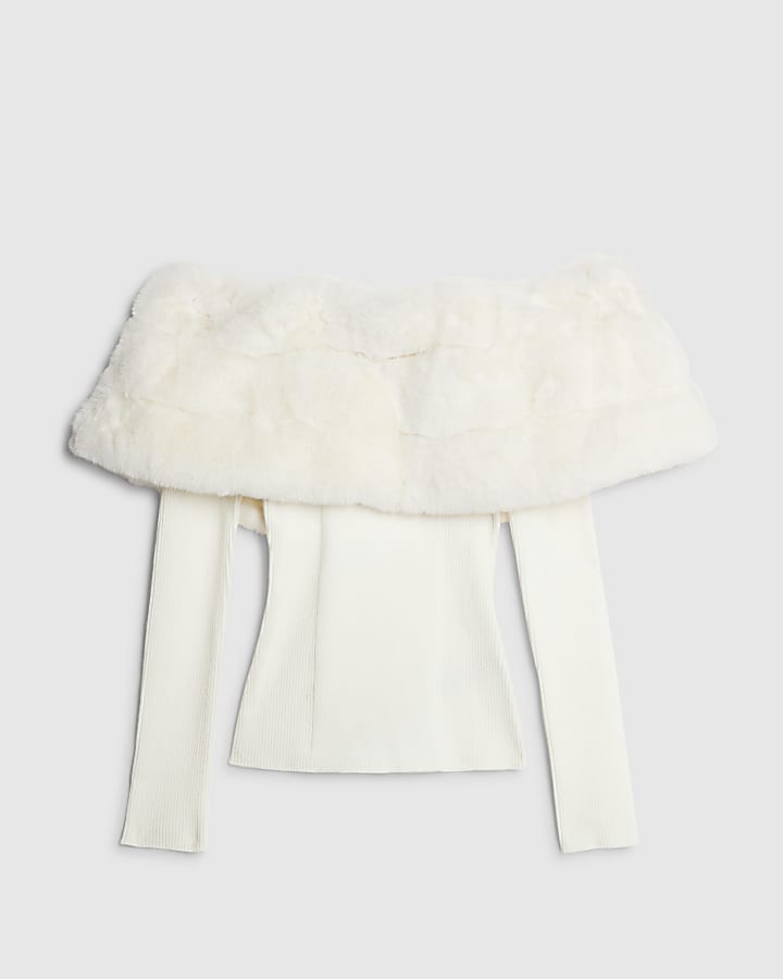 Cream Faux Fur Trim Bardot Jumper