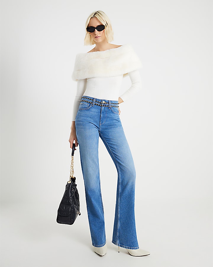 Cream Faux Fur Trim Bardot Jumper