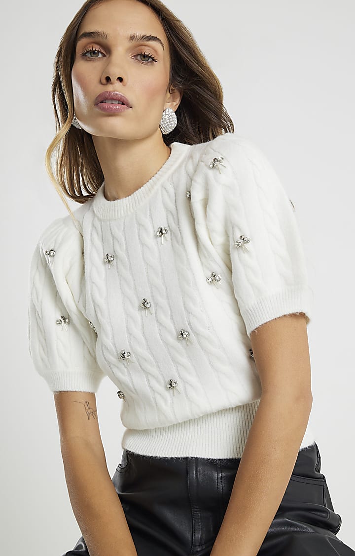 Cream Cable Knit Bubble Sleeve Top