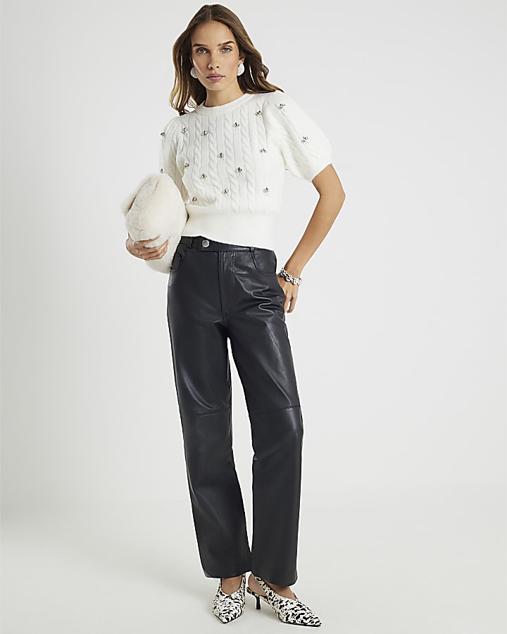 Cream Cable Knit Bubble Sleeve Top