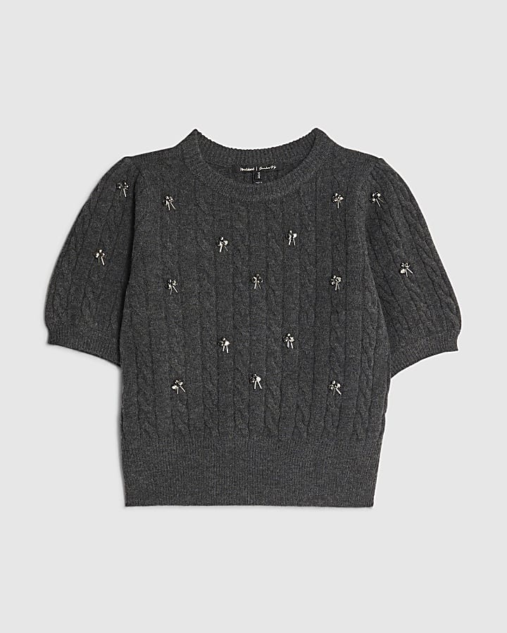 Grey Cable Knit Bubble Sleeve Top