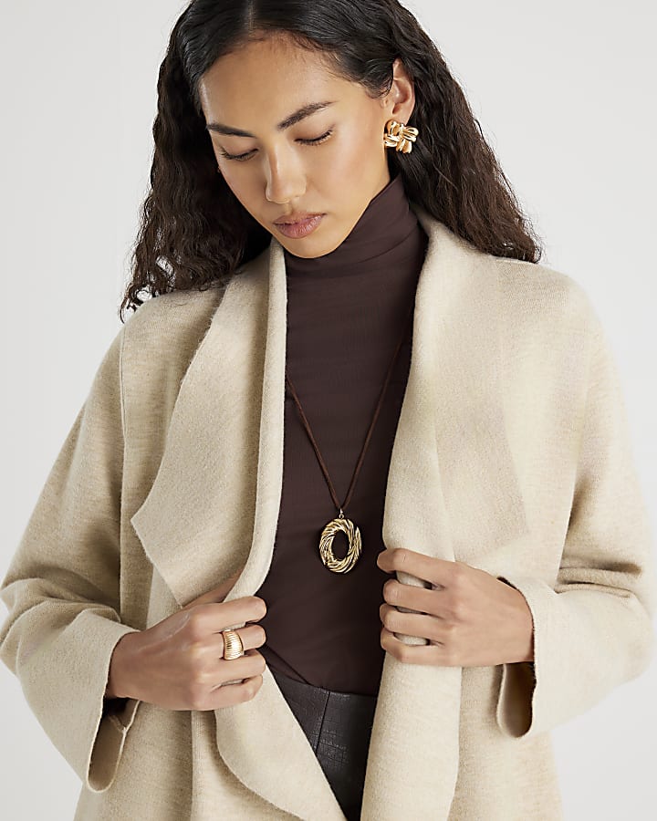 Beige Knitted Waterfall Cardigan
