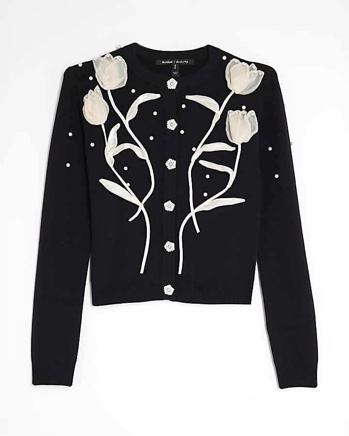 Black Knitted Flower Cardigan