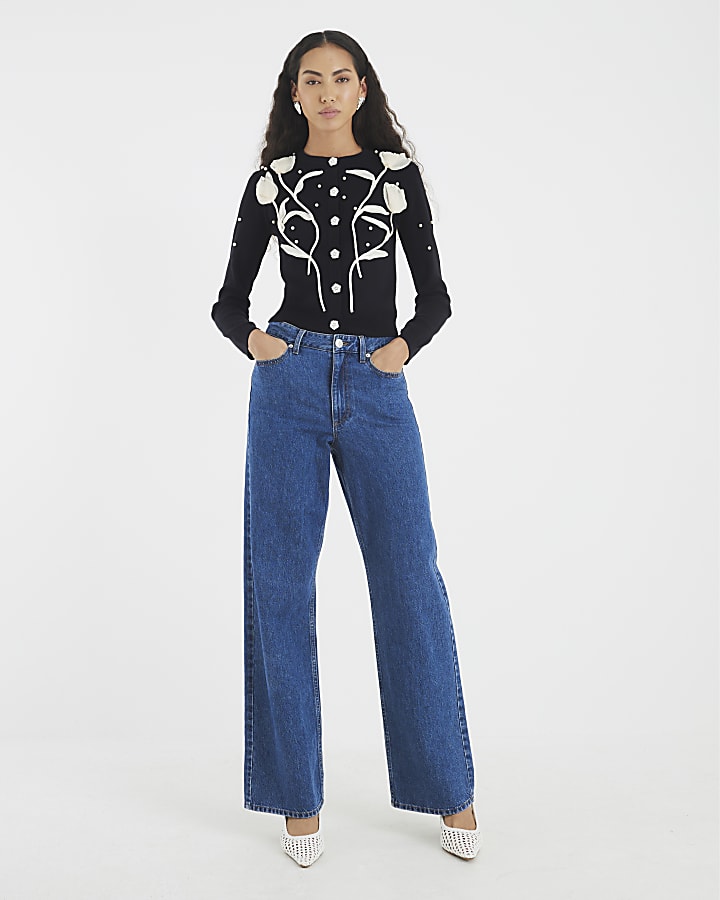 Black Knitted Flower Cardigan