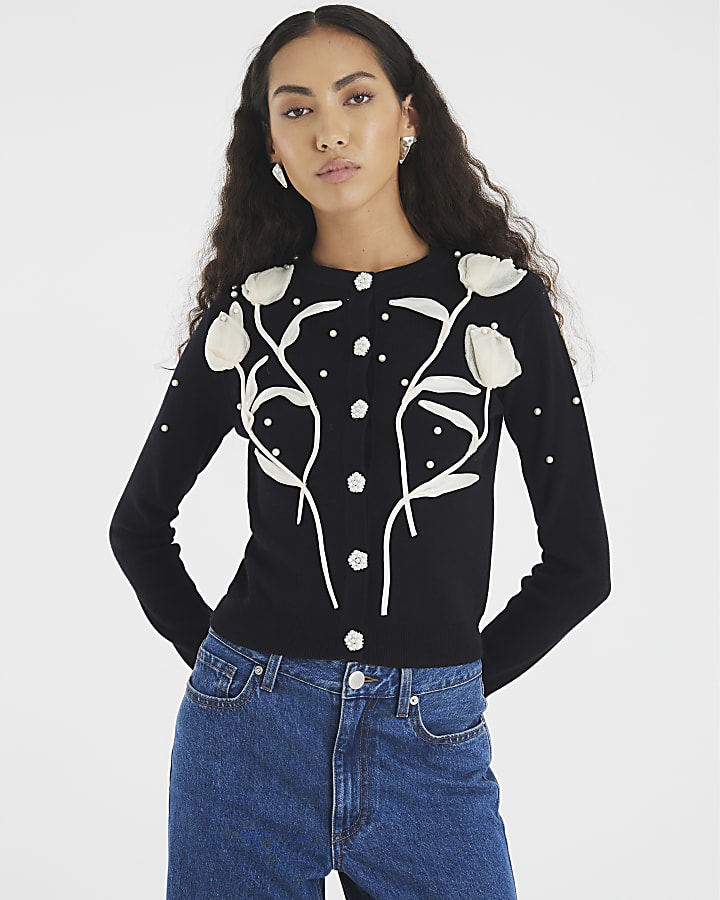 Black Knitted Flower Cardigan