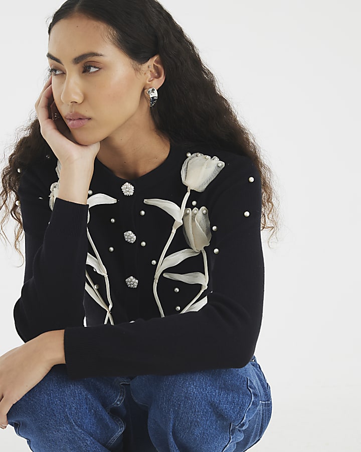 Black Knitted Flower Cardigan