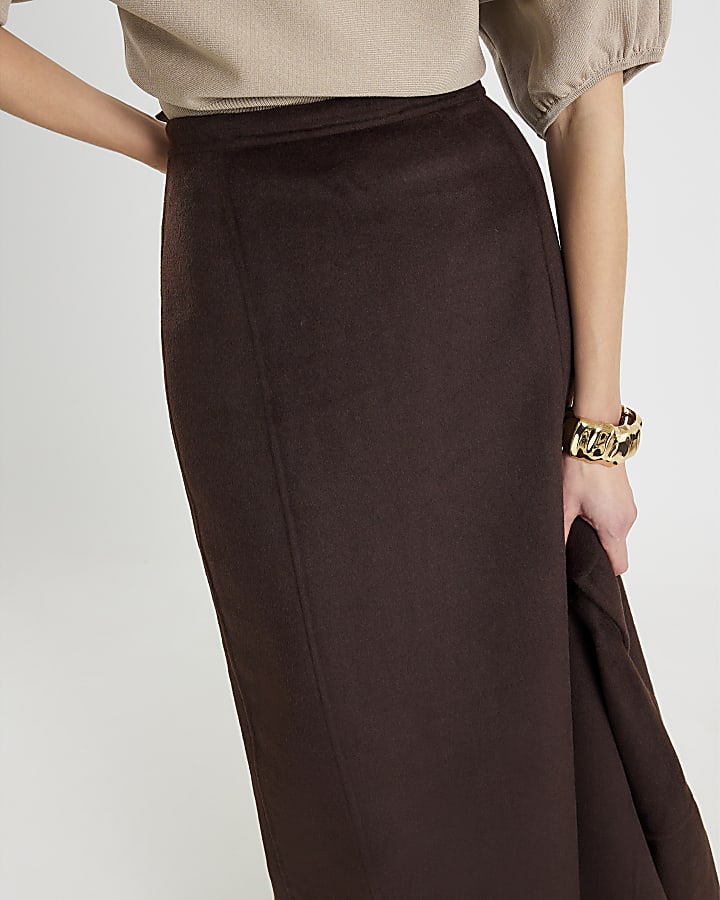 Brown Wool Blend Handmade Pencil Midi Skirt