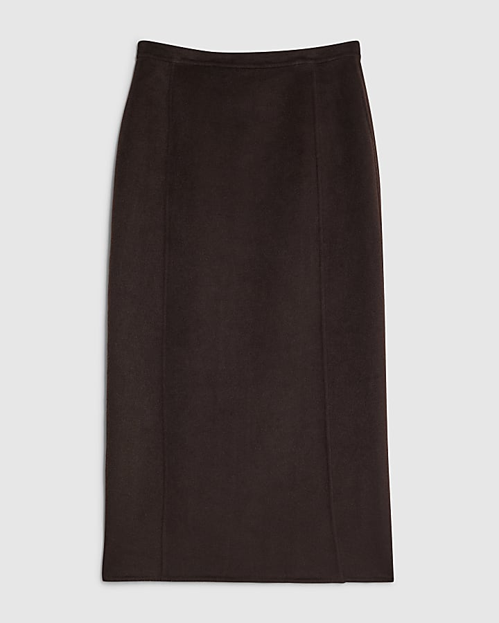 Brown Wool Blend Handmade Pencil Midi Skirt