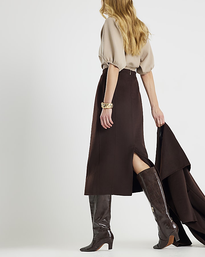 Brown Wool Blend Handmade Pencil Midi Skirt
