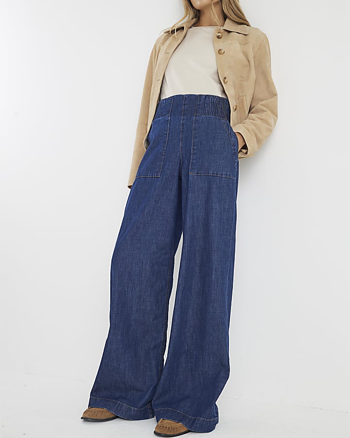 Blue Pull On Wide Leg Jeans
