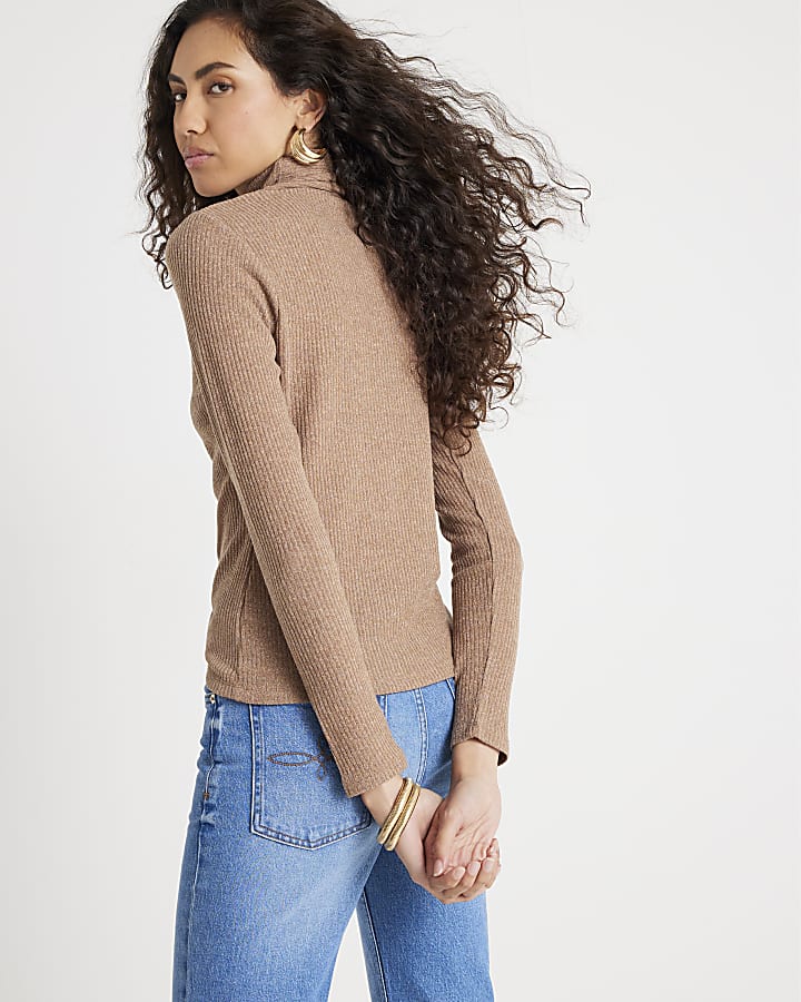 Brown Long Sleeve Scarf Neck Ribbed Top
