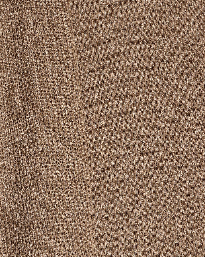 Brown Long Sleeve Scarf Neck Ribbed Top