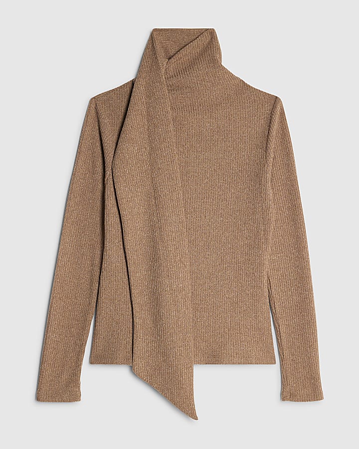 Brown Long Sleeve Scarf Neck Ribbed Top