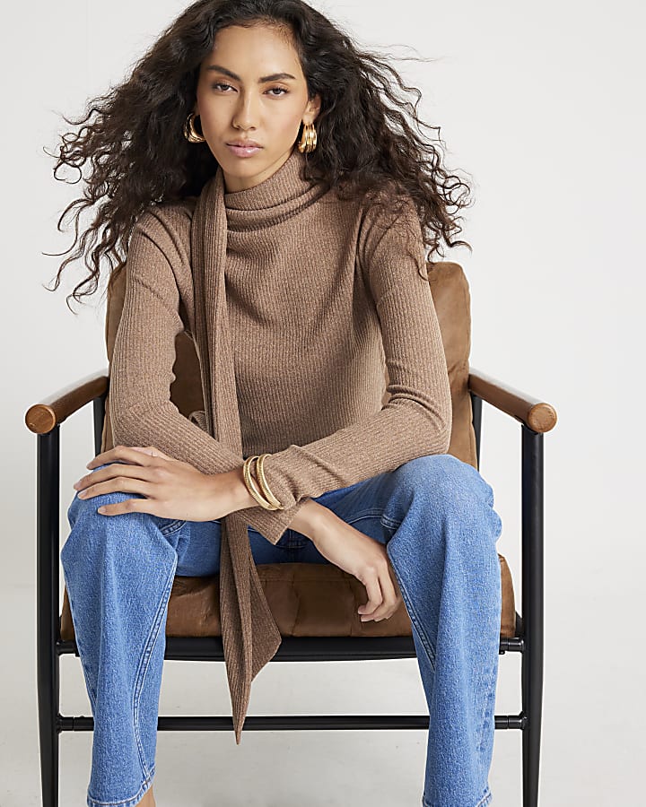 Brown Long Sleeve Scarf Neck Ribbed Top