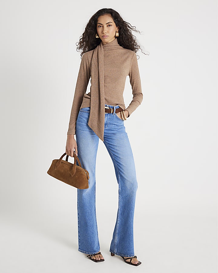 Brown Long Sleeve Scarf Neck Ribbed Top