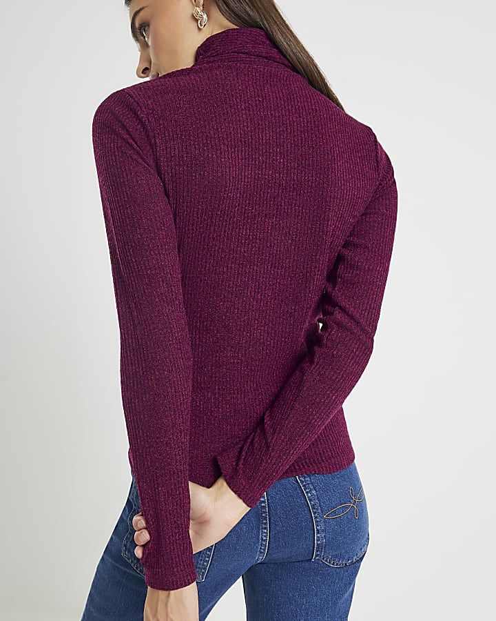 Red Long Sleeve Scarf Neck Ribbed Top