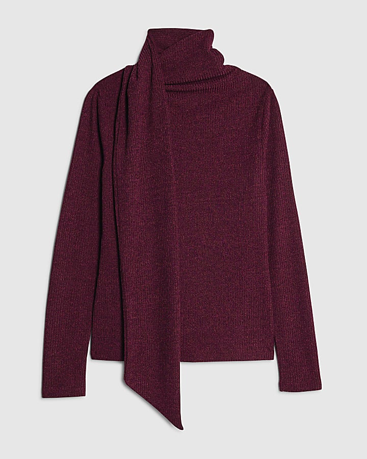 Red Long Sleeve Scarf Neck Ribbed Top