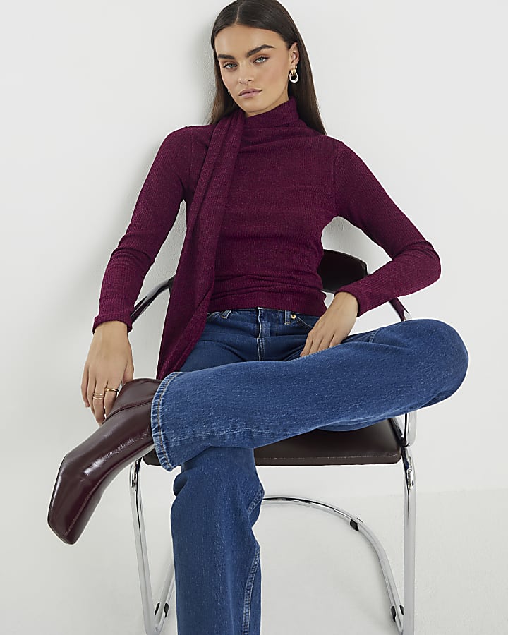 Red Long Sleeve Scarf Neck Ribbed Top