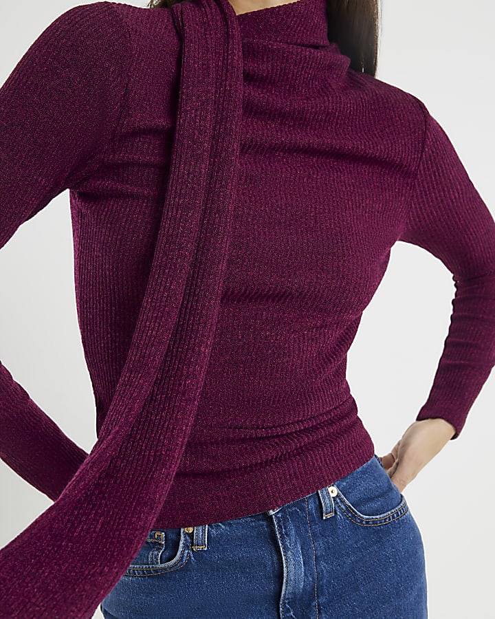 Red Long Sleeve Scarf Neck Ribbed Top