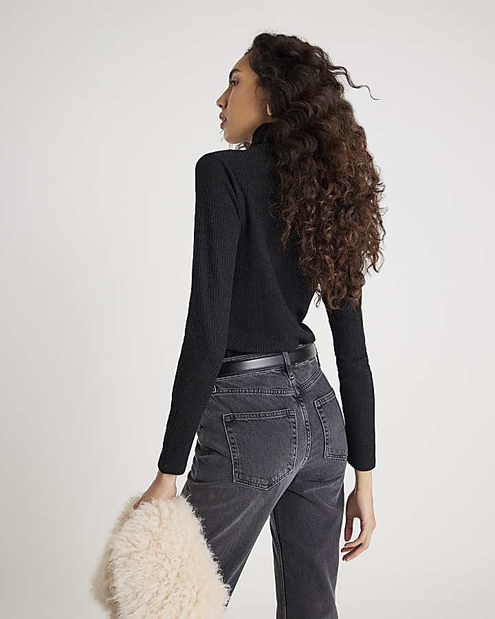 Black Long Sleeve Scarf Neck Ribbed Top