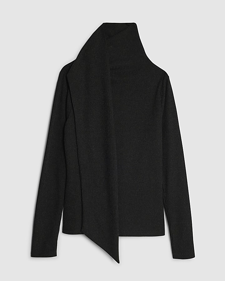 Black Long Sleeve Scarf Neck Ribbed Top
