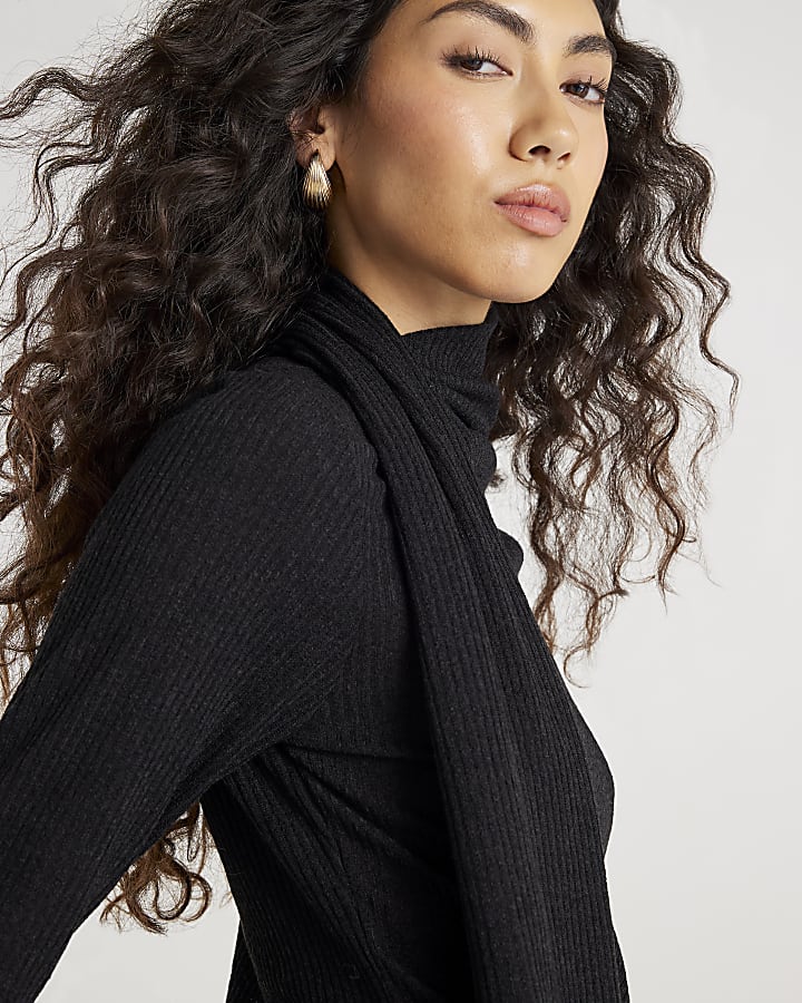 Black Long Sleeve Scarf Neck Ribbed Top