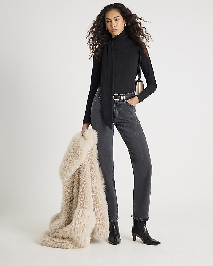 Black Long Sleeve Scarf Neck Ribbed Top