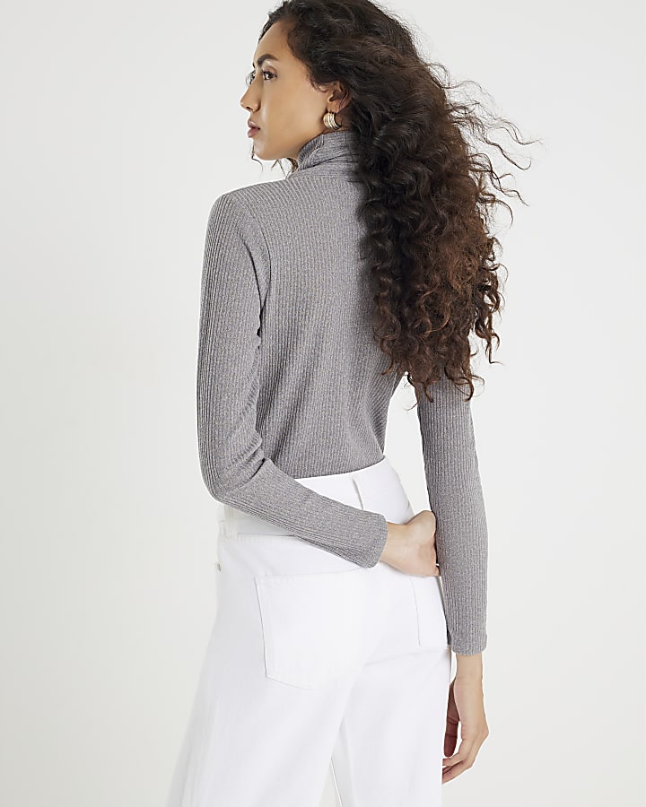 Grey Long Sleeve Scarf Neck Ribbed Top