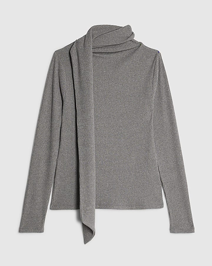 Grey Long Sleeve Scarf Neck Ribbed Top