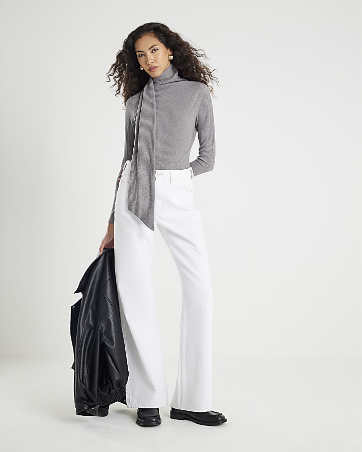 Grey Long Sleeve Scarf Neck Ribbed Top