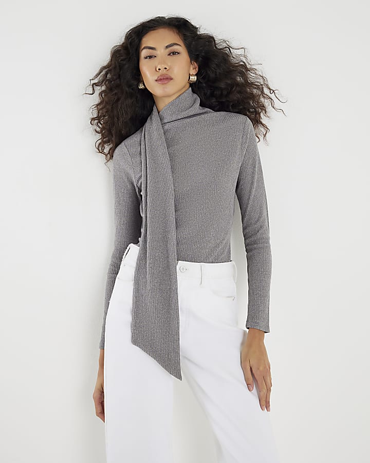 Grey Long Sleeve Scarf Neck Ribbed Top