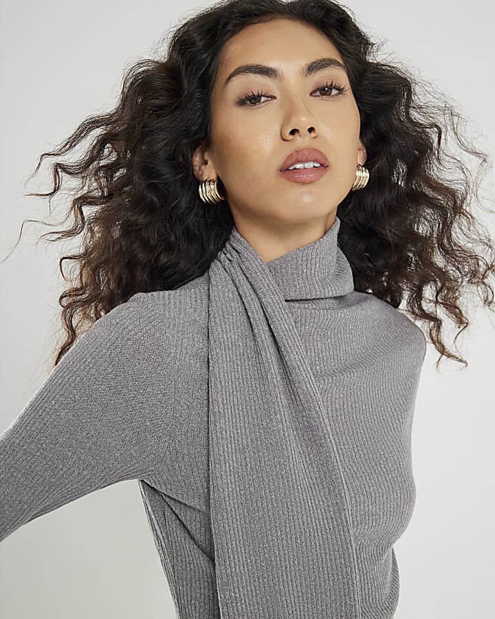 Grey Long Sleeve Scarf Neck Ribbed Top