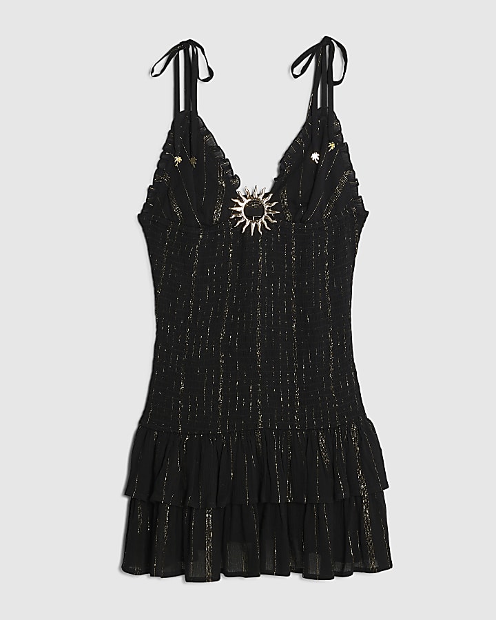 Black Sleeveless Shirred Mini Beach Dress