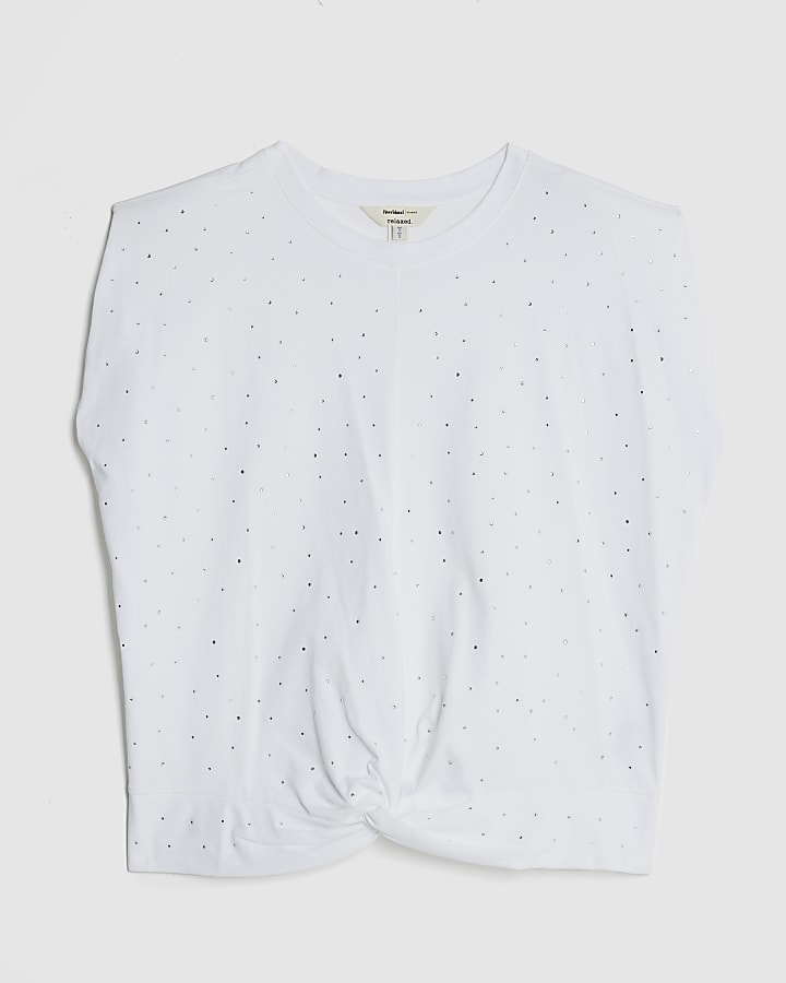 White Embellished Shoulder Pad T-Shirt