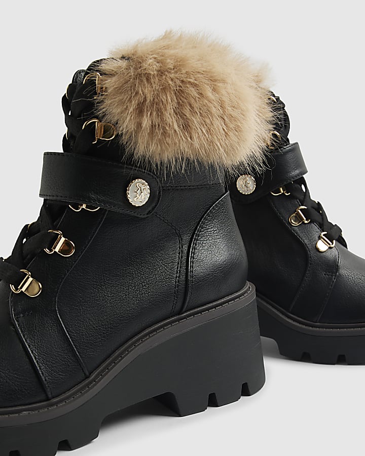 Black Fur Cuff Lace Up Wedge Boots