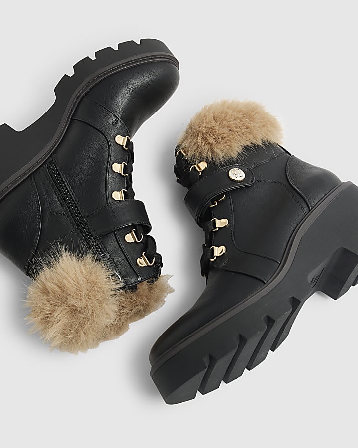 Black Fur Cuff Lace Up Wedge Boots