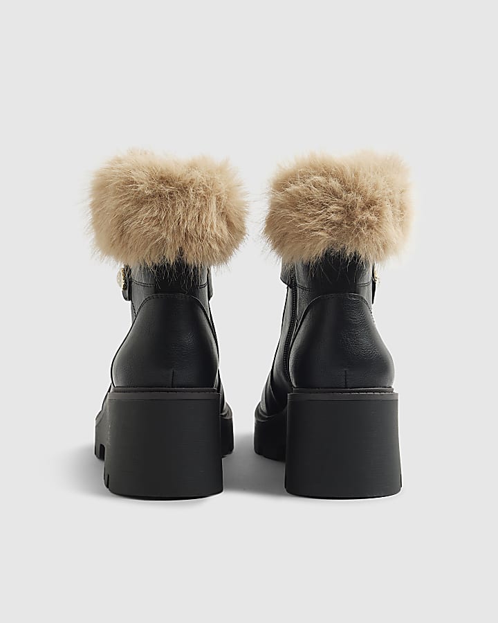 Black Fur Cuff Lace Up Wedge Boots