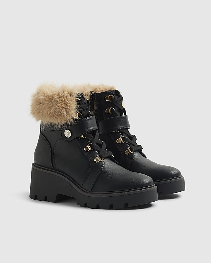 Black Fur Cuff Lace Up Wedge Boots