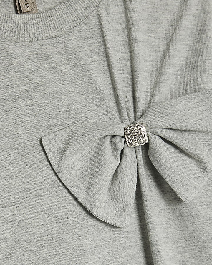 Grey Short Sleeve Bow Diamante T-shirt