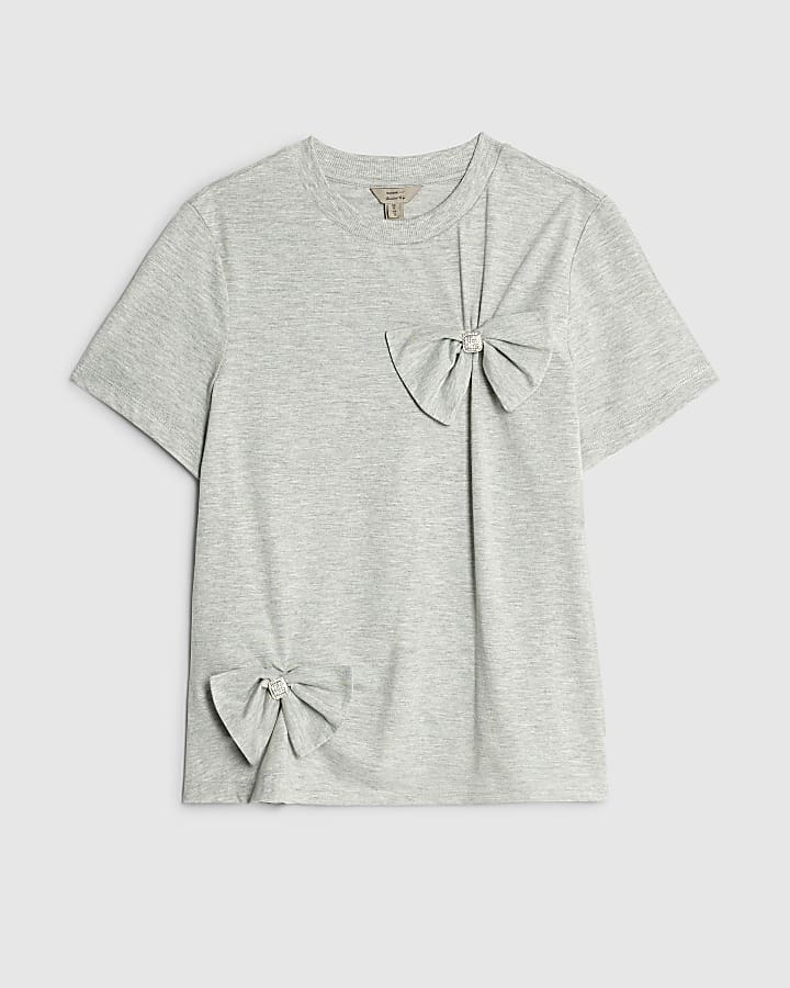 Grey Short Sleeve Bow Diamante T-shirt