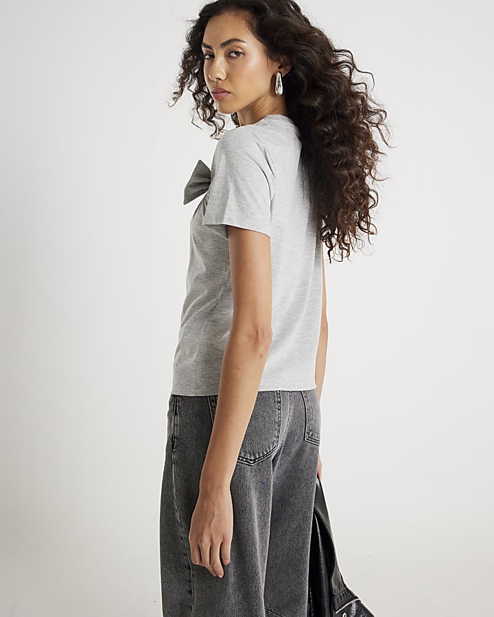Grey Short Sleeve Bow Diamante T-shirt